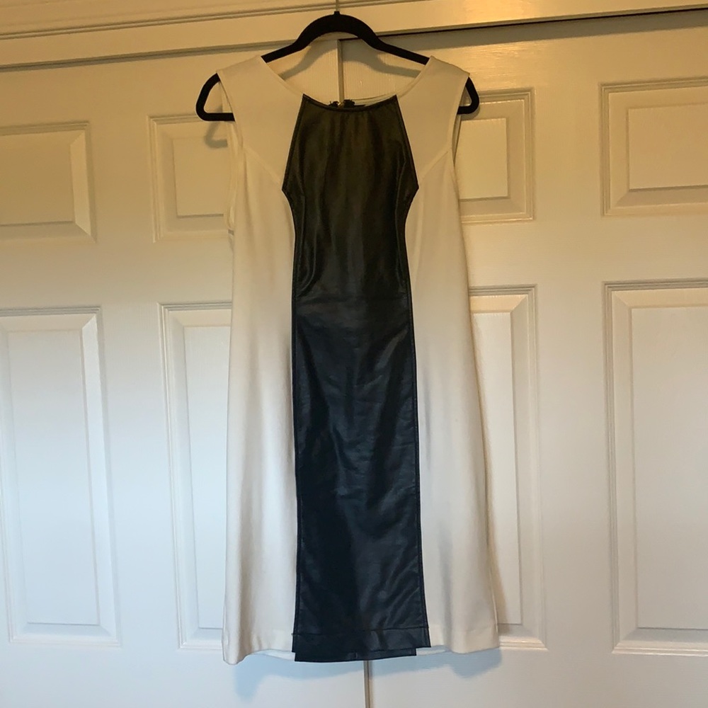 CocktailDress, cream w/ black faux leather; modern